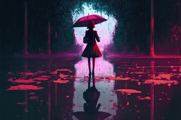 Gothic fantasy scene of enigmatic lady grasping parasol while standing in a pool of water. Fantasy concept , Illustration painting. Generative AI