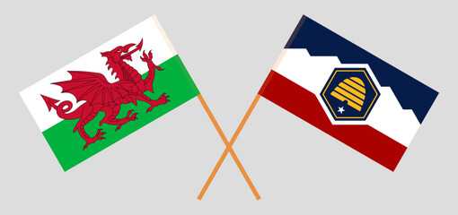 Crossed flags of Wales and The State of Utah. Official colors. Correct proportion
