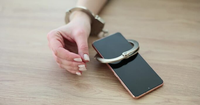 Closeup view of handcuffed female hands with smartphone on table. Dependence of the younger generation on social networks