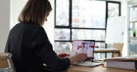 Seo conducts negotiations via videoconference meets with partner or corporate client. Manager discussing common project online using computer application or having job interview