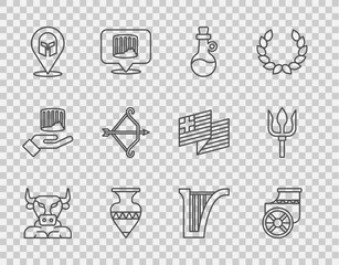 Set line Minotaur, Ancient chariot, Bottle of olive oil, amphorae, Greek helmet, Medieval bow with arrow, Harp and Neptune Trident icon. Vector