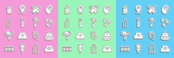 Set line Spray can nozzle cap, School backpack, Marker pen attachment, Paint spray, Paint, gouache, jar, dye, and roller brush icon. Vector