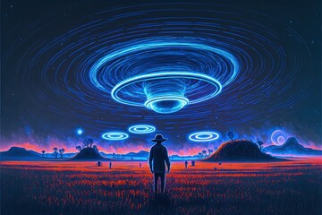 Night scene of the gentleman standing on the meadow facing the planet with rings. Fantasy concept , Illustration painting. Generative AI