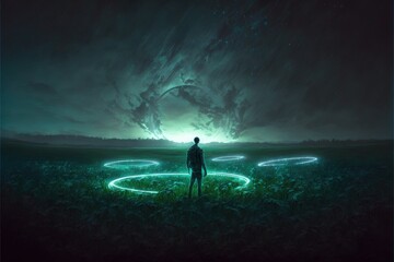 Night scene of the gentleman standing on the meadow facing the planet with rings. Fantasy concept , Illustration painting. Generative AI © X-Poser