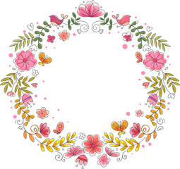 Floral frame. Flowers and leaves branch border. Blossom elegant branch with flower, leave, butterflies, birds, berries.