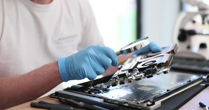 Engineer foreman is holding magnifying glass and repairing electronic components on printed circuit board. Repair of computer equipment