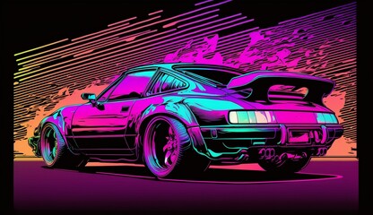 Cyberpunk Futuristic retro wave synth wave car; Retro sports car with neon backlight contours. Generative ai