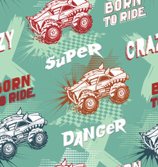 Off road trails seamless pattern. Monster car repeat print for sport textile, boy clothes, wrapping paper. Lettering and grunge repeat wallpaper. Textured ornament cars with big tires, chequered board © Kseniia Koval