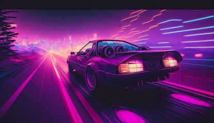 Obraz na płótnie Canvas Cyberpunk Futuristic retro wave synth wave car; Retro sports car with neon backlight contours. Generative ai