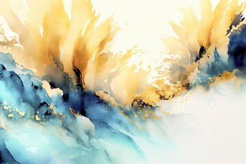 Yellow blue abstract watercolor wash background as pastel marbling painting in generative AI art	
