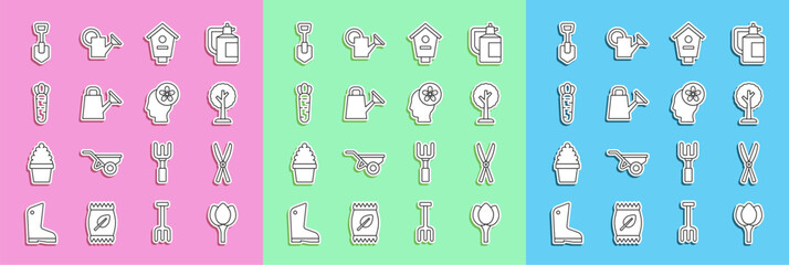 Set line Flower tulip, Gardening handmade scissors, Forest, Bird house, Watering can, Carrot, Shovel and Human head with flower inside icon. Vector