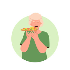 Happy excited boy child eating pizza slice with tomato, salami and cheese feeling satisfaction