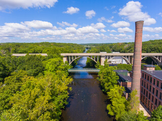 Ashton Mill and George Washington Bridge aerial view at Blackstone River between town of Cumberland...