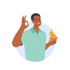 Portrait of man eating slice portion of delicious italian pizza gesturing ok sign with hand