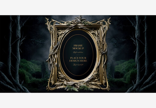 Enchanting Forest Scene Mirror With Gold Frame And Dark Background - Perfect Wall Decor For Nature Lovers And Home Interiors Frame Mockup Template Generative AI