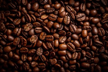 Obraz premium Top down view of fresh roasted coffee beans. AI Generative Art.