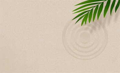 Fototapeta na wymiar Zen sand pattern with palm leaves,Zen Garden with circles lines raked on smooth sandy surface background,Harmony,Meditation,Zen like concept, Sand beach texture with simple spiritual in Summer beach