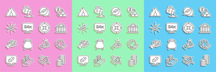 Set line Gold coin money, bars, Bank building, 24k, nugget, mine and Safe icon. Vector