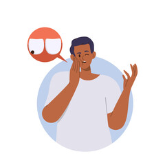 Screaming boy character with painful expression suffering from strong toothache holding cheek