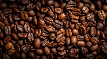 Top down view of fresh roasted coffee beans. AI Generative Art.