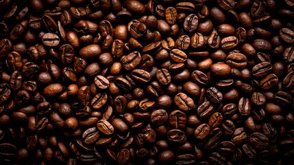 Obraz premium Top down view of fresh roasted coffee beans. AI Generative Art.