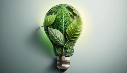 Obraz na płótnie Canvas Eco friendly lightbulb from fresh leaves top vie; concept of Renewable Energy and Sustainable Living; created with Generative AI technology