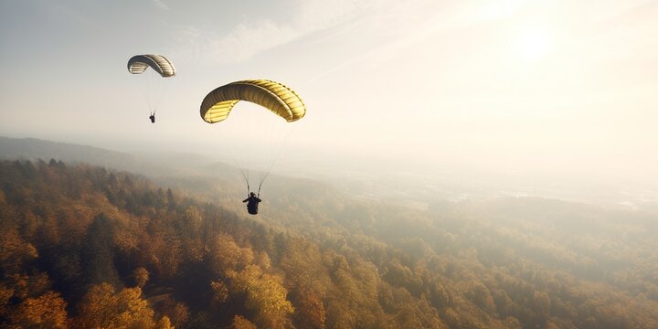 Parachuting. Action sport. Paratroopers or parachutist free-falling and descending with parachutes. Generative AI. Sky. Sport background