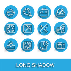 Set line Earthquake, Gem stone, core structure crust, globe and book, Photo camera, Pickaxe, Geological fault and Crossed ruler pencil icon. Vector