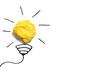 Creative idea, Inspiration, New idea and Innovation concept with Crumpled Paper light bulb on white background.