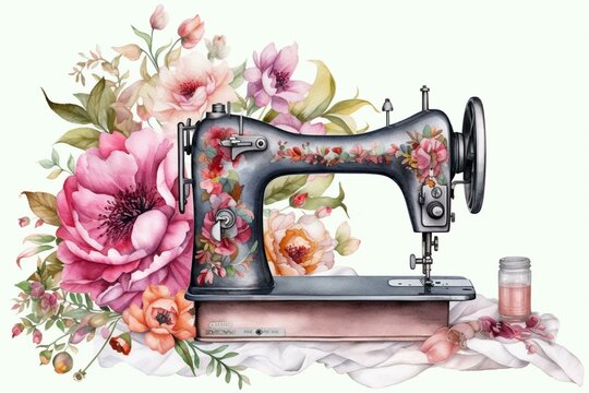 Watercolor clipart of a sewing machine and bouquet of peony flowers. Includes pink garden flowers and equipment illustrations for tailor shop logos or card making. Generative AI