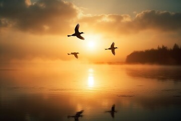 Fototapeta na wymiar Sunrise new day and flying flock of bird. AI generative