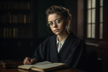 Young judge student female sits at table and studies the law, created with Generative AI Technology