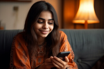 Stylish woman with mobile phone sits on couch at home, created with Generative AI Technology