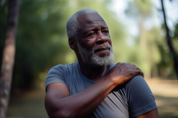 elderly african man with back pain stands in park in summer, created with Generative AI Technology