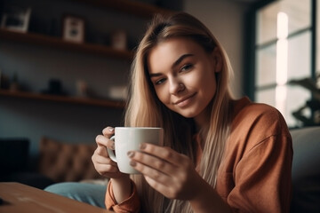 Beautiful girl with cup of coffee at home, created with Generative AI Technology
