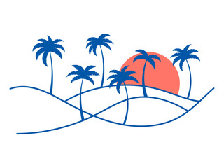 Fototapeta na wymiar Line landscape outline with palm trees and rising sun on a white background. Summer tropical landscape in a minimalist style. Design for printing t-shirt and banner. Vector illustration