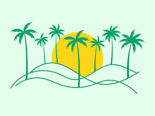 Line landscape outline with palm trees and rising sun. Summer tropical landscape in a minimalist style. Design for printing t-shirt and banner. Vector illustration