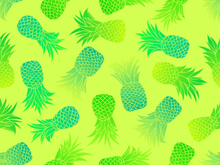 Gradient pineapples seamless pattern. Summer fruit pattern. Pineapple fruit on green background. Tropical design for T-shirts, prints on paper and fabric. Vector illustration