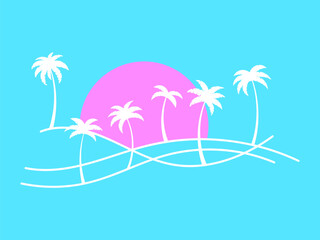 Line landscape outline with palm trees and rising sun on a blue background. Summer tropical landscape in a minimalist style. Design for printing t-shirt and banner. Vector illustration