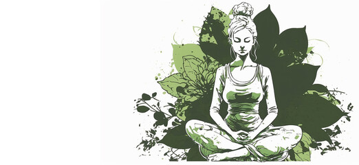 Fototapeta na wymiar 21 June- international yoga day, green woman in lotus yoga pose with copy space for text, Generative ai