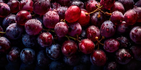 Top down view of fresh red grapes with waterdrops. AI Generative Art. - obrazy, fototapety, plakaty