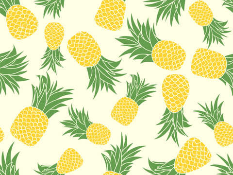 Pineapple seamless pattern. Summer fruit pattern. Pineapple fruit on yellow background. Tropical design for T-shirts, prints on paper and fabric. Vector illustration