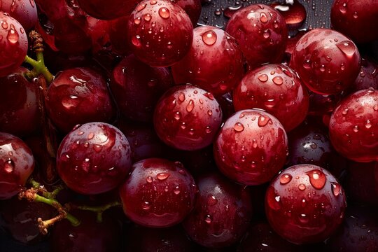 Top down view of fresh red grapes with waterdrops. AI Generative Art.