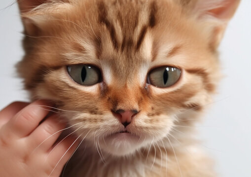 Close up of orange kitten face with baby hand petting it, white background, Generative AI