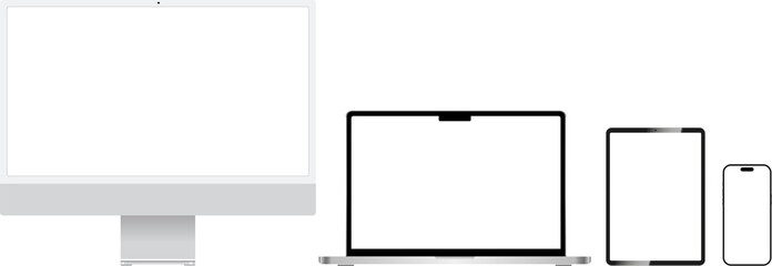 Realistic mockups of devices on transparent background. Vector set of phone, tablet, laptop and computer. Empty screen mock-up. PNG image