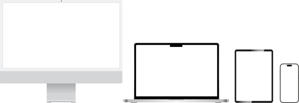 Realistic mockups of devices on transparent background. Vector set of phone, tablet, laptop and computer. Empty screen mock-up. PNG image