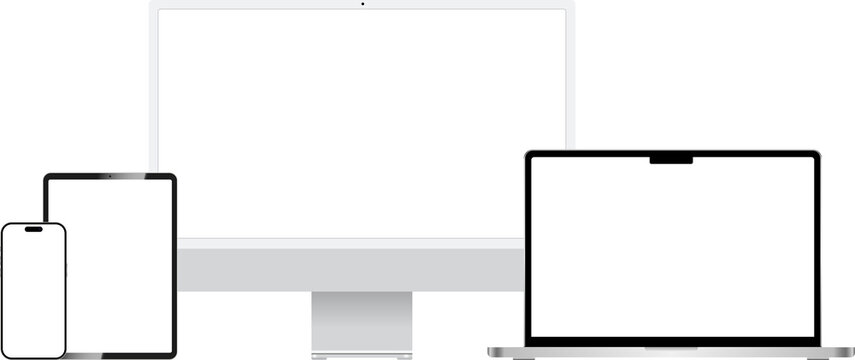 Realistic mockups of devices on transparent background. Vector set of phone, tablet, laptop and computer. Empty screen mock-up. PNG image