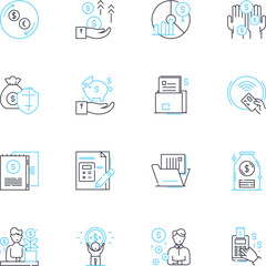 Budgeting and forecasting linear icons set. Planning, Analysis, Optimization, Projection, Estimation, Consistency, Scrutiny line vector and concept signs. Inflation,Prioritization,Variance outline