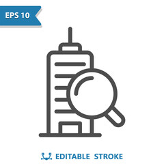 Real Estate Icon. Building, Office Building, Apartment Building, Magnifier, Magnifying Glass