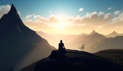 Fototapeta na wymiar Man meditating in the mountain during the sunset, fantasy-based. Generative Ai. 